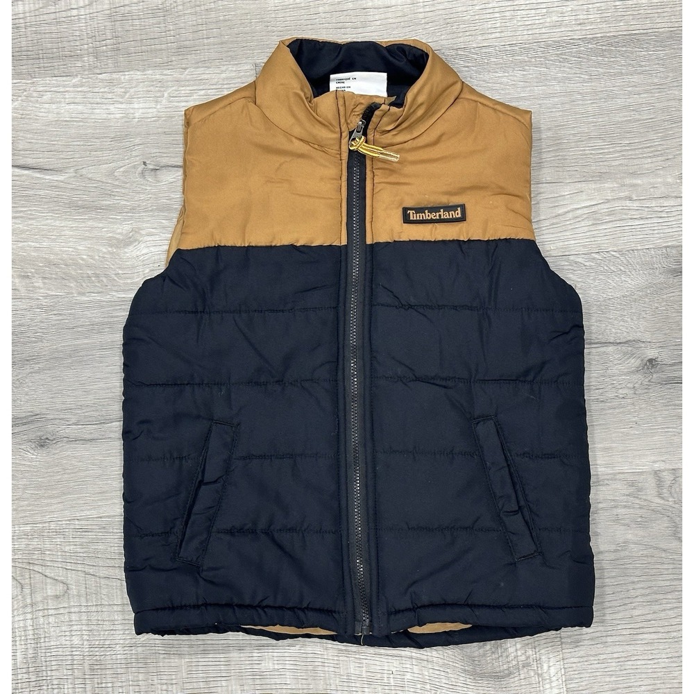 Timberland Vest Youth 4T Black Tan Puffer Quilted Pockets Two-Tone Full Zip READ